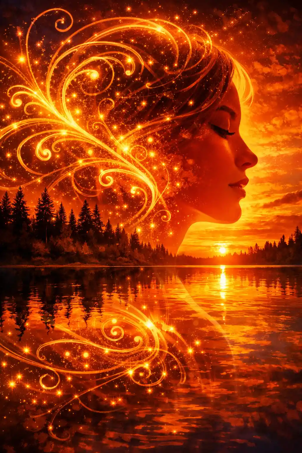 Retrato Surreal de Mujer Fusionado con el Reflejo de un Lago al Atardecer