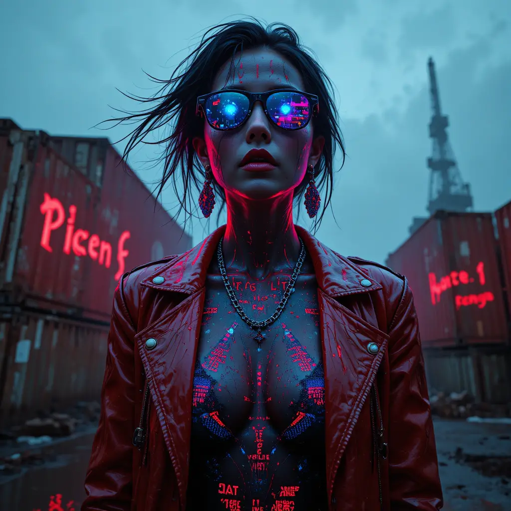 Cyberpunk femme fatale portrait on rusted cargo container