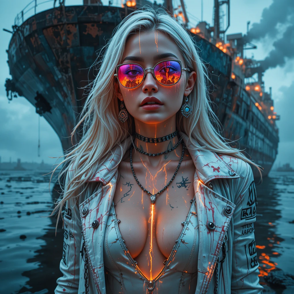 Cyberpunk femme fatale portrait on rusted cargo ship hull