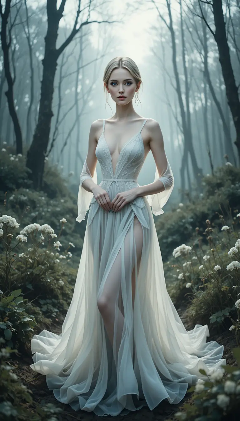 Ethereal woman in flowing white dress in wild nature