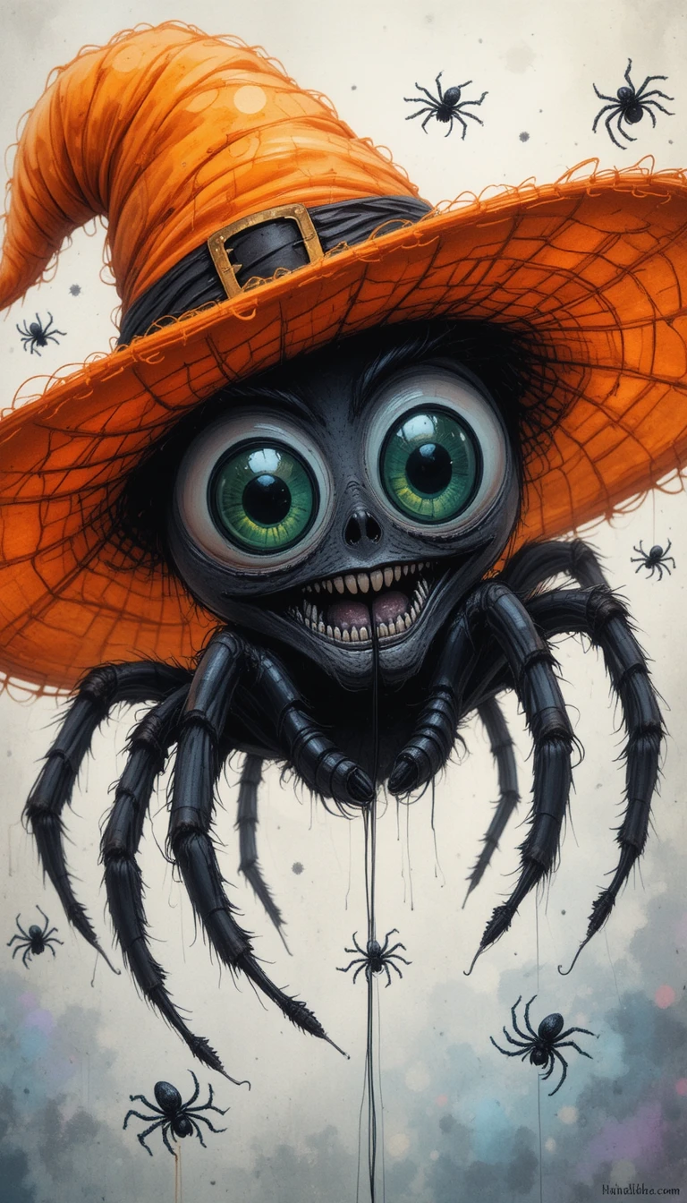 Cute black spider in orange witch hat on a web