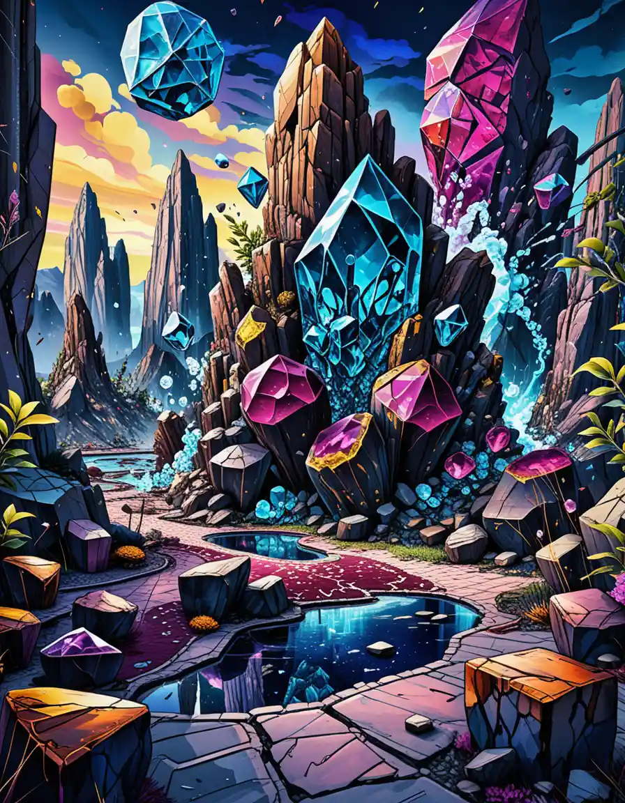 Fantasy landscape with giant crystals erupting from the ground