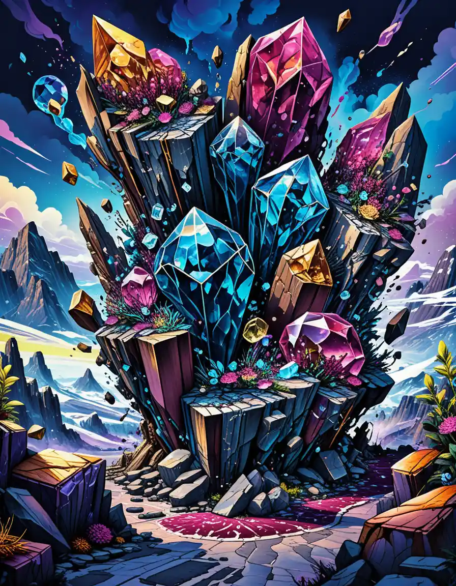 Paesaggio fantasy con cristalli giganti in prospettiva surreale