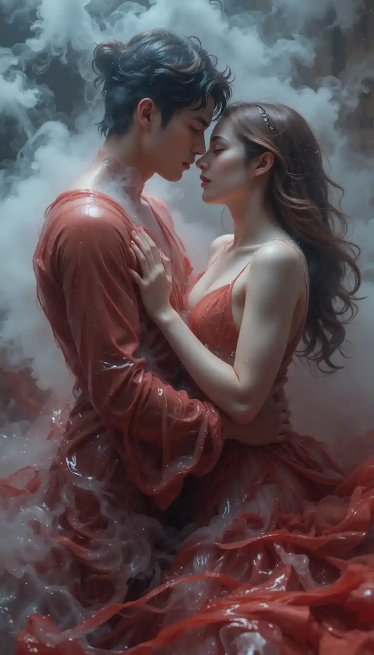 Passionate couple entwined in a misty red and white bath