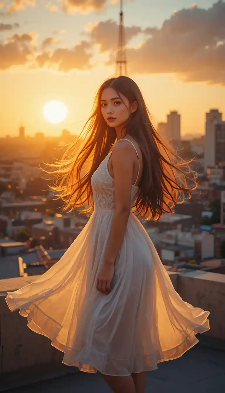 Garota de vestido branco em terraço urbano ao pôr do sol