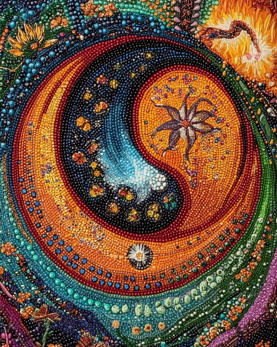 Tapiz yin yang colorido con lujoso bordado de cuentas