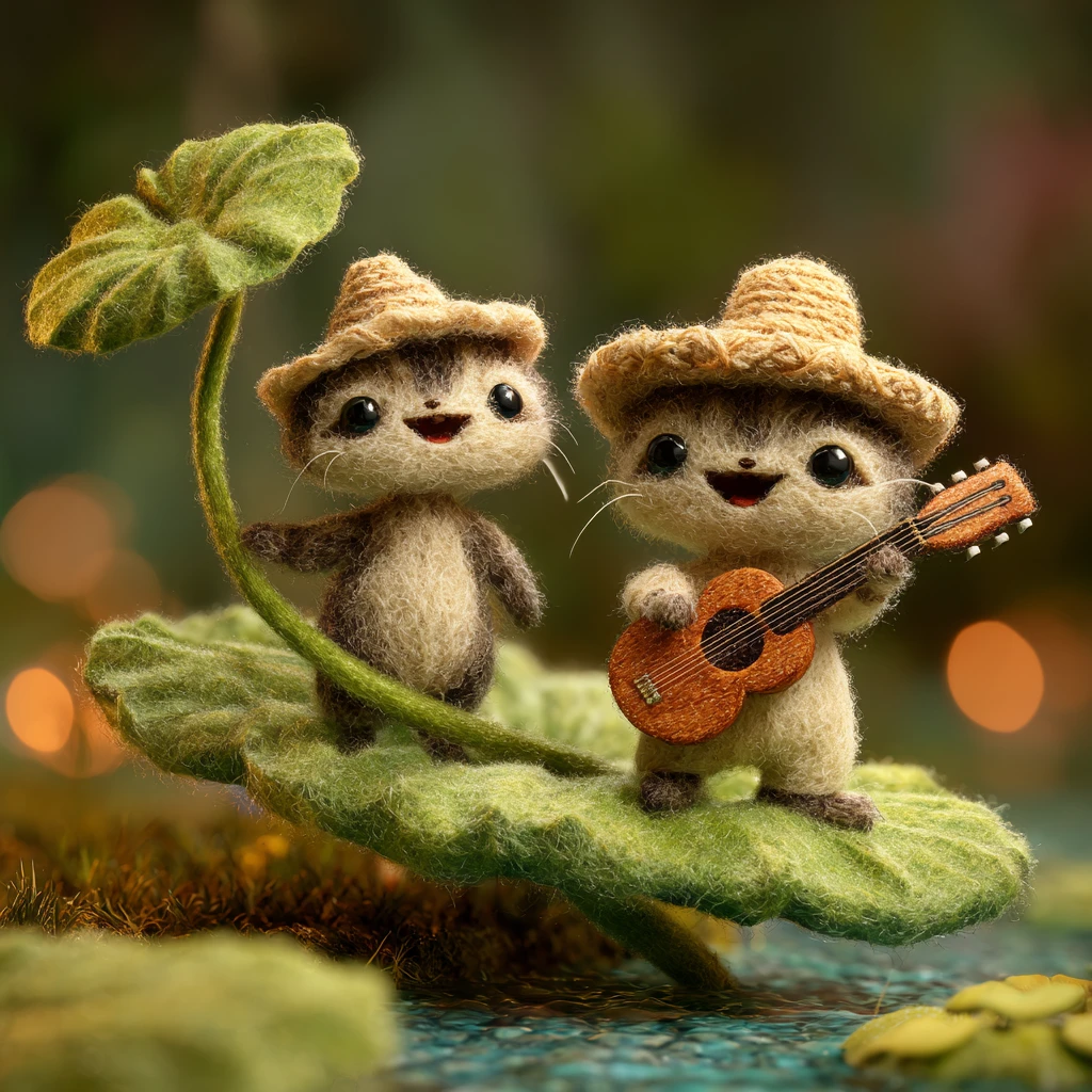 Dos gatos chibi afieltrados con paraguas de hoja de loto en la jungla