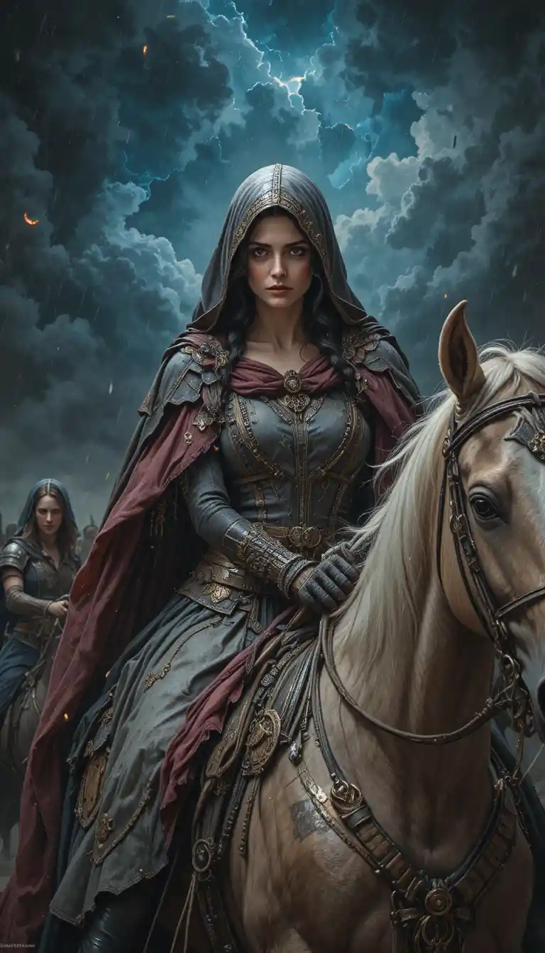 Hooded female assassin on horseback in a stormy landscape