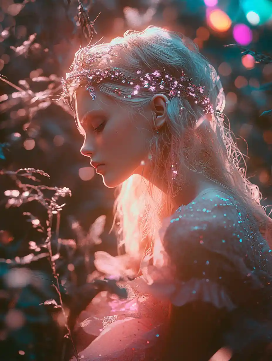 Whimsical metallic fairy in a distant enchanted forest
