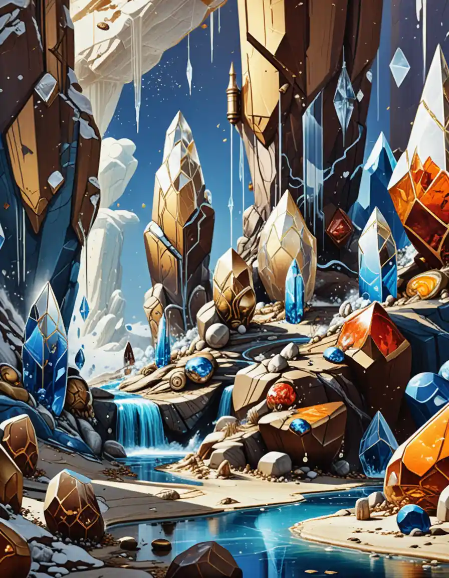 Fantasy landscape with giant crystals in surreal perspective
