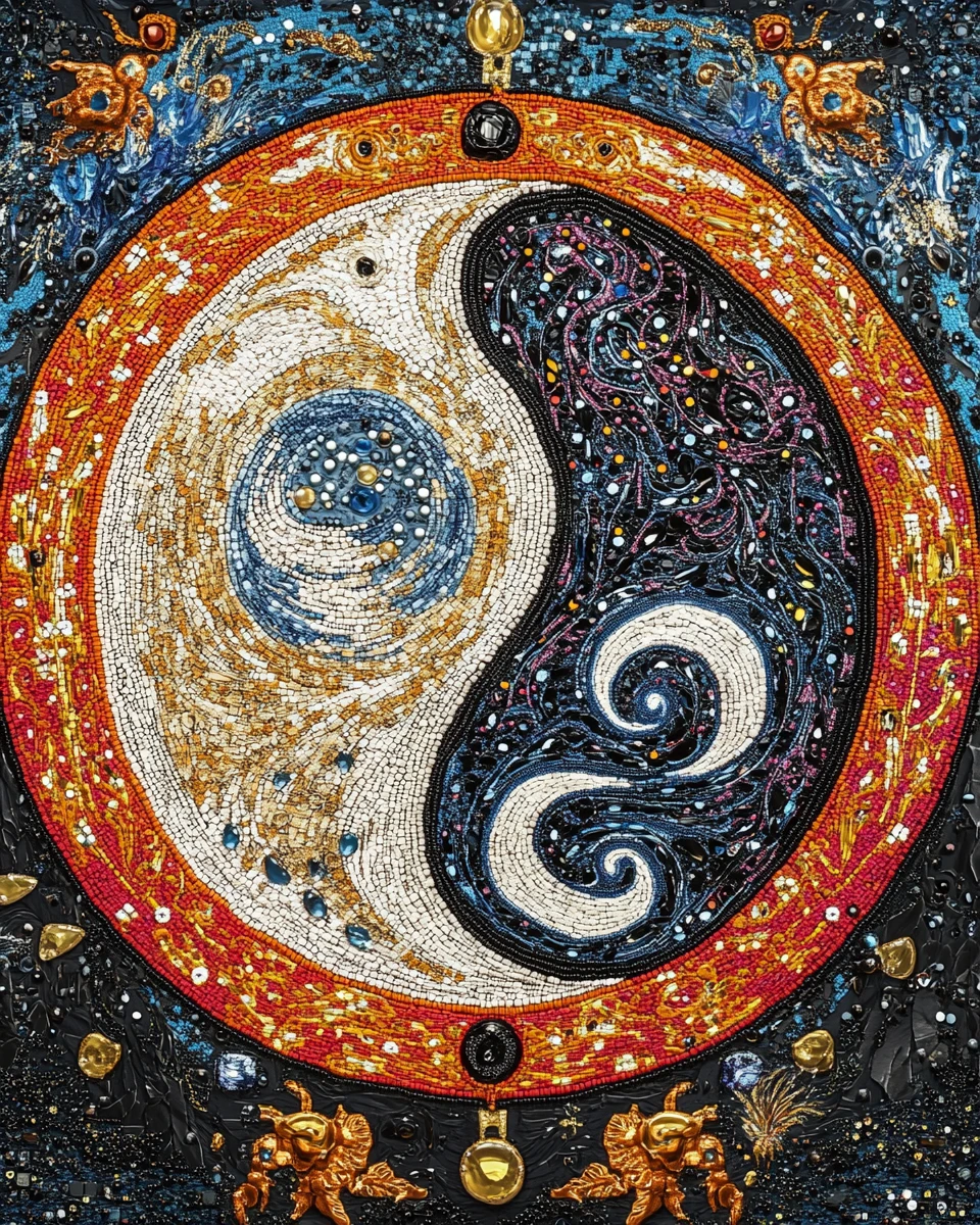 Tapiz colorido de yin yang con intricado bordado asiático de abalorios