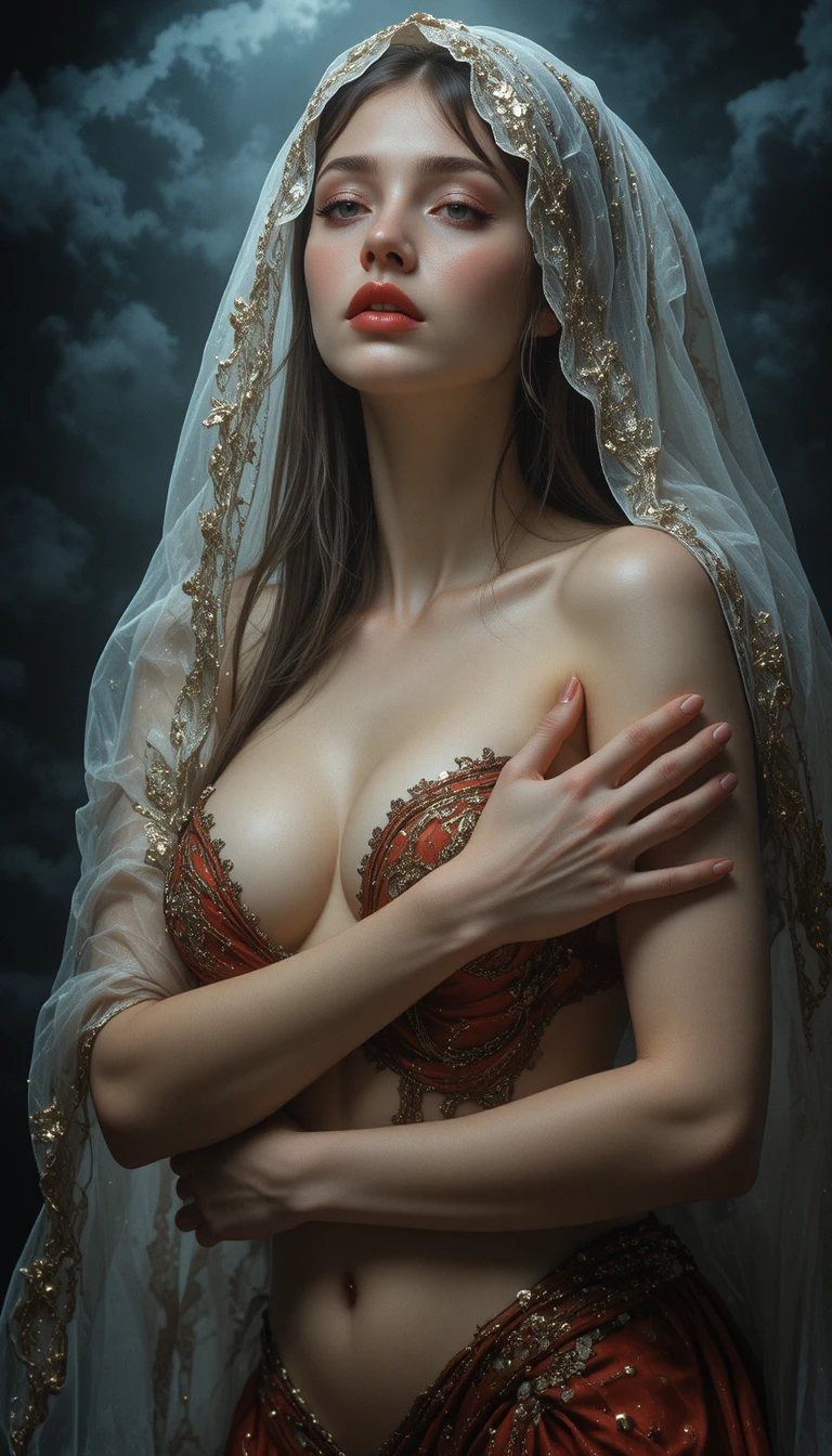 Sensual Close Up Of Red Lips Behind A Sheer Veil