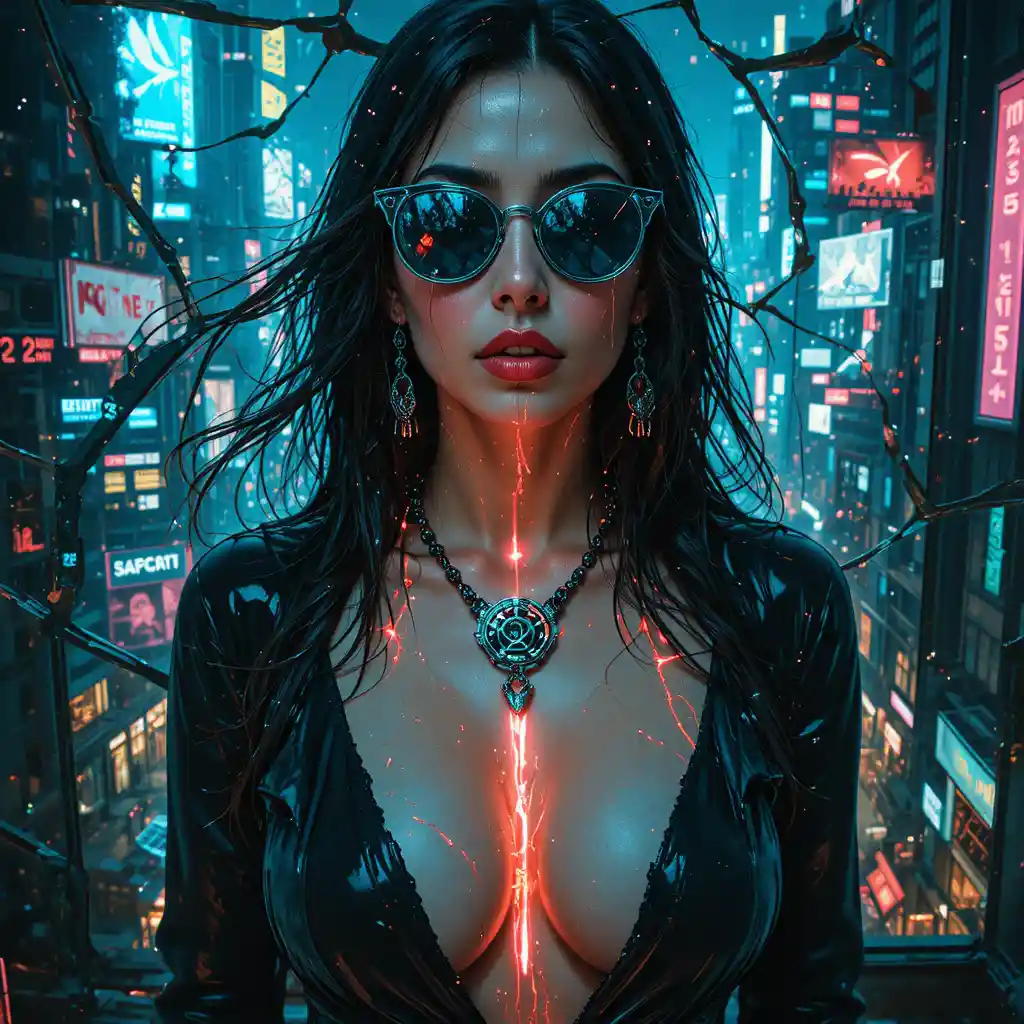 Cyberpunk femme fatale mural on shattered glass facade