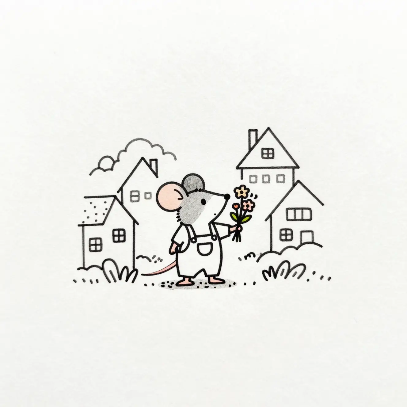 Playful mouse doodle holding flowers on white background
