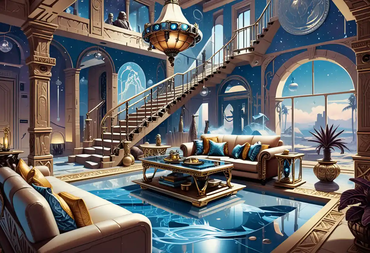 Moody isometric living room with bar and water feature