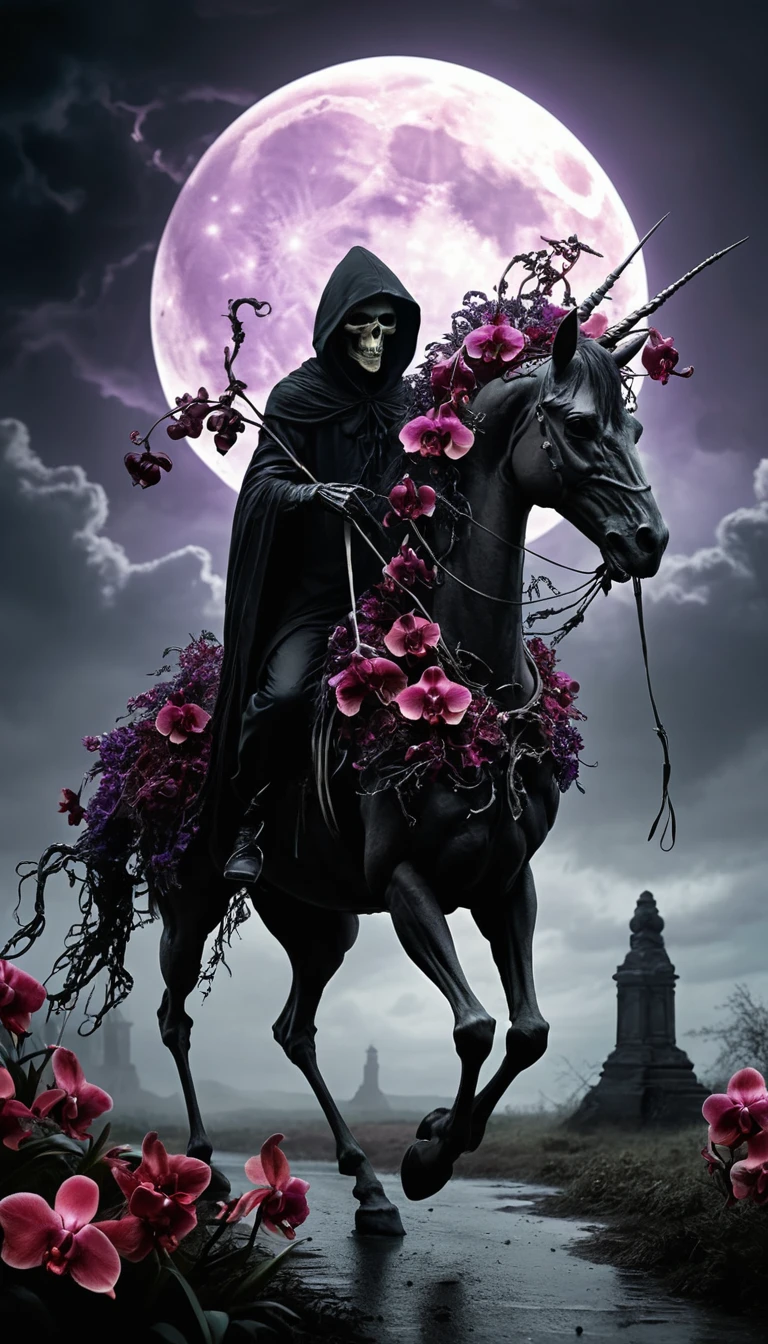 Skeletal unicorn with dark rider under a luminous full moon