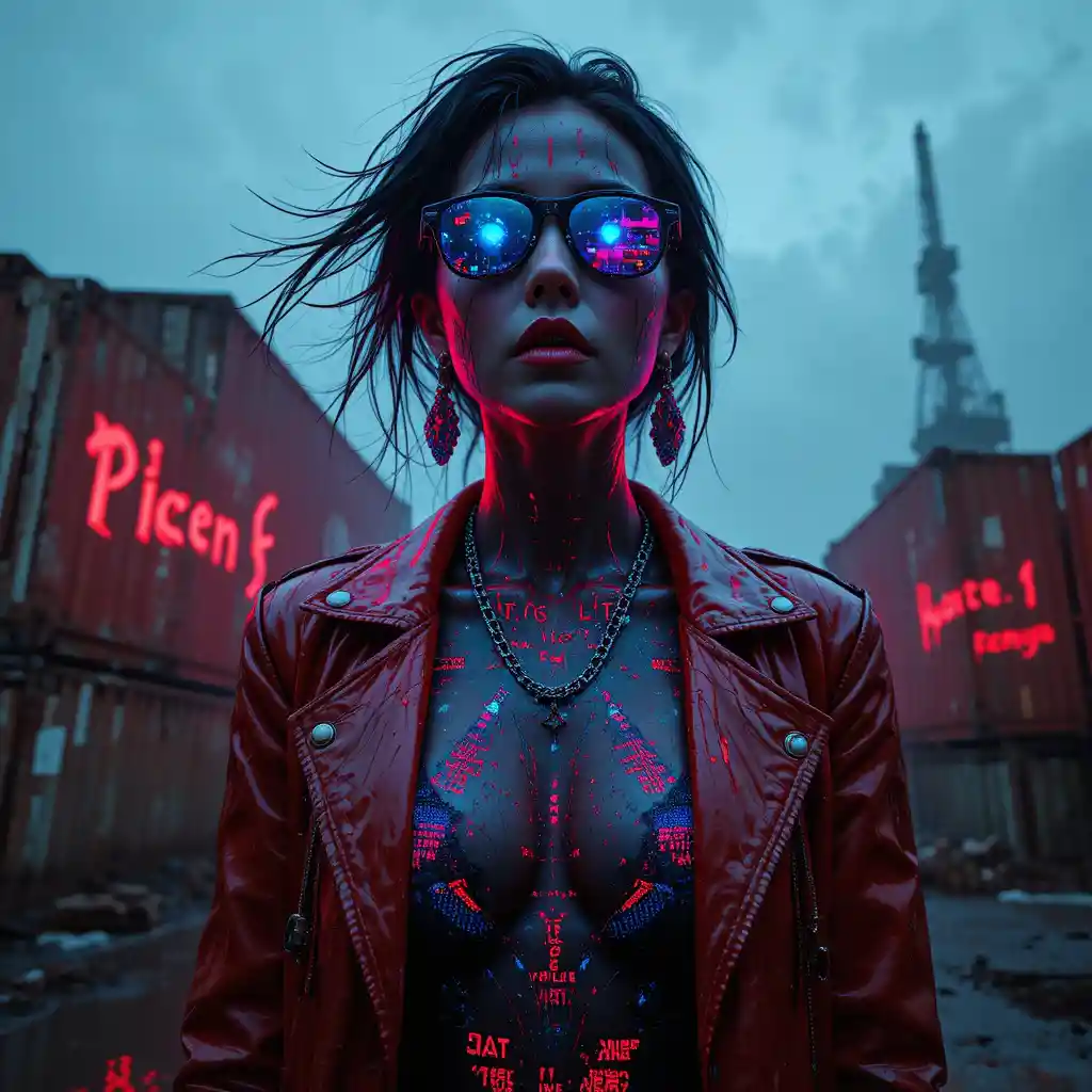 Cyberpunk femme fatale portrait on rusted cargo container