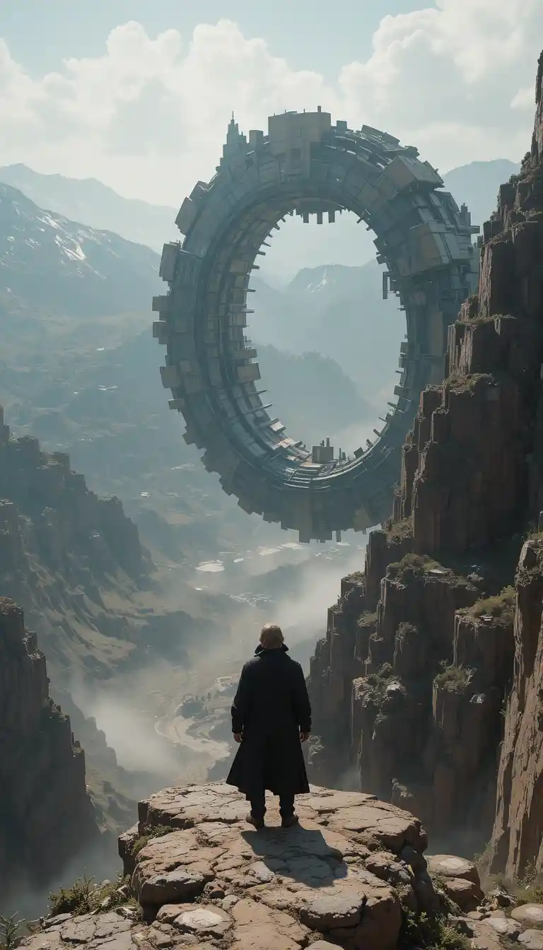 Figura solitaria frente a una colosal estructura circular de otro mundo