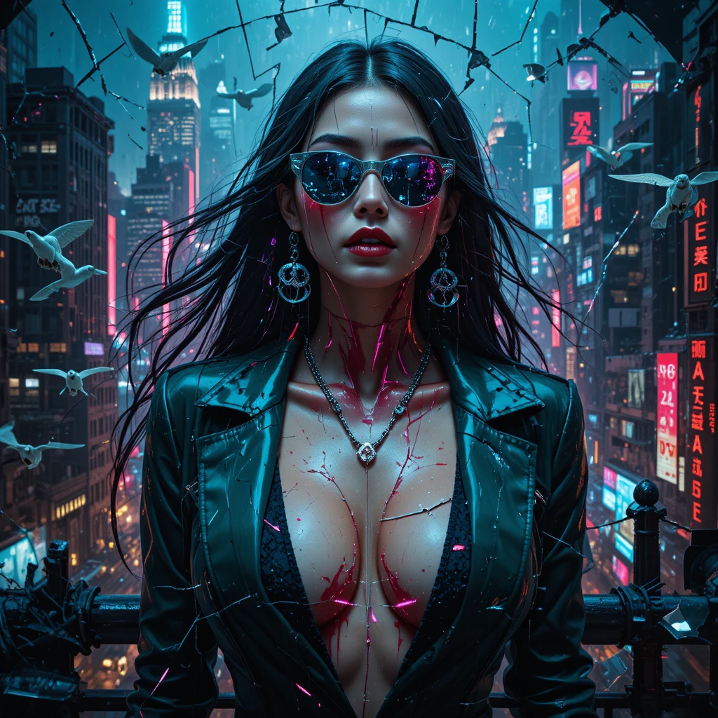 神祕致命女郎的賽博黑色風格壁畫肖像