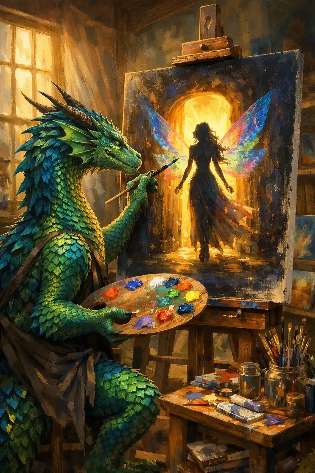 Dragon artist painting a fairy on a glowing canvas