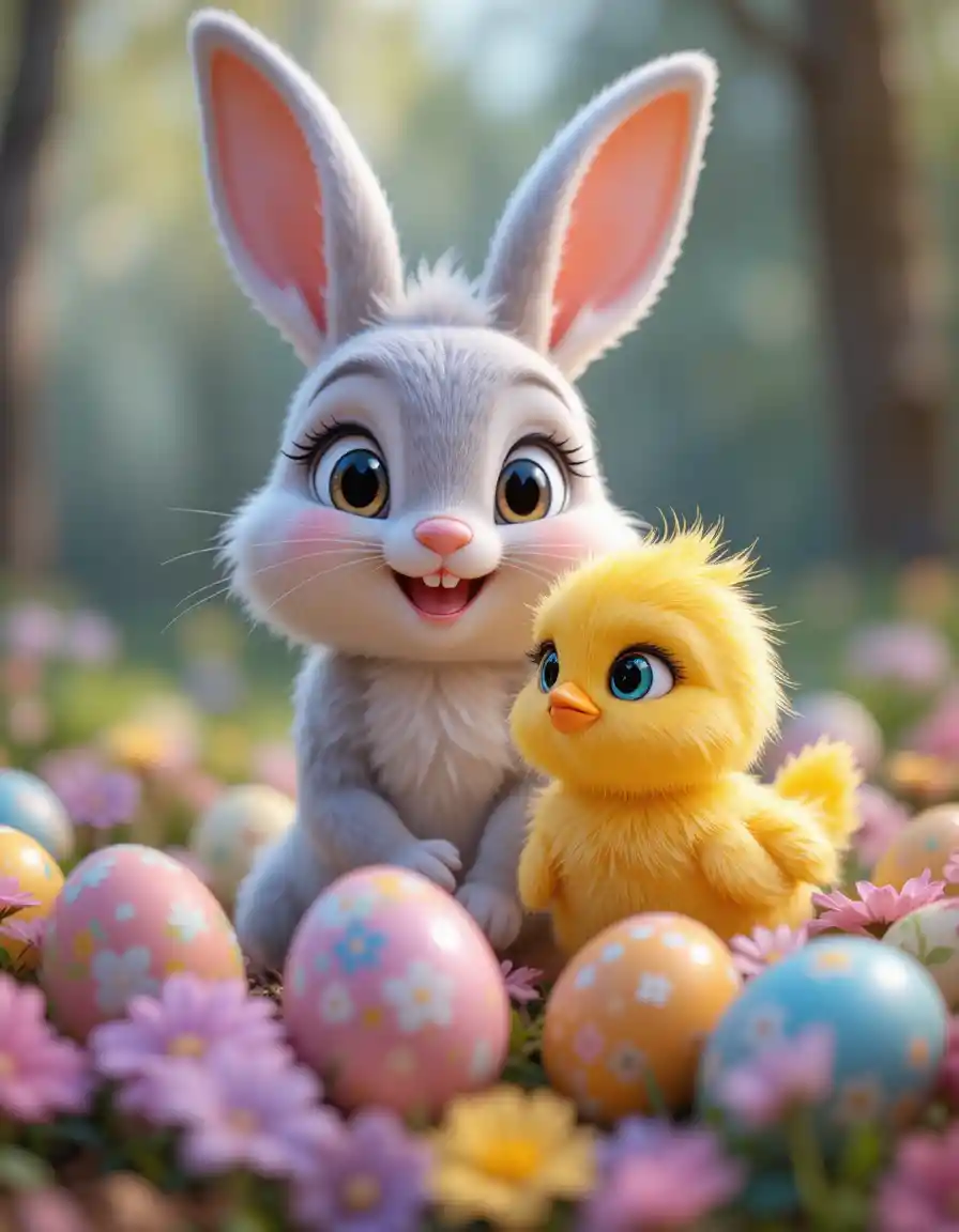 Cute 3D rabbit and chick with colorful Easter eggs