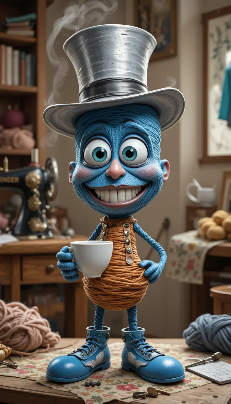 Divertido personaje de hilo de caricatura tomando café junto a la máquina de coser