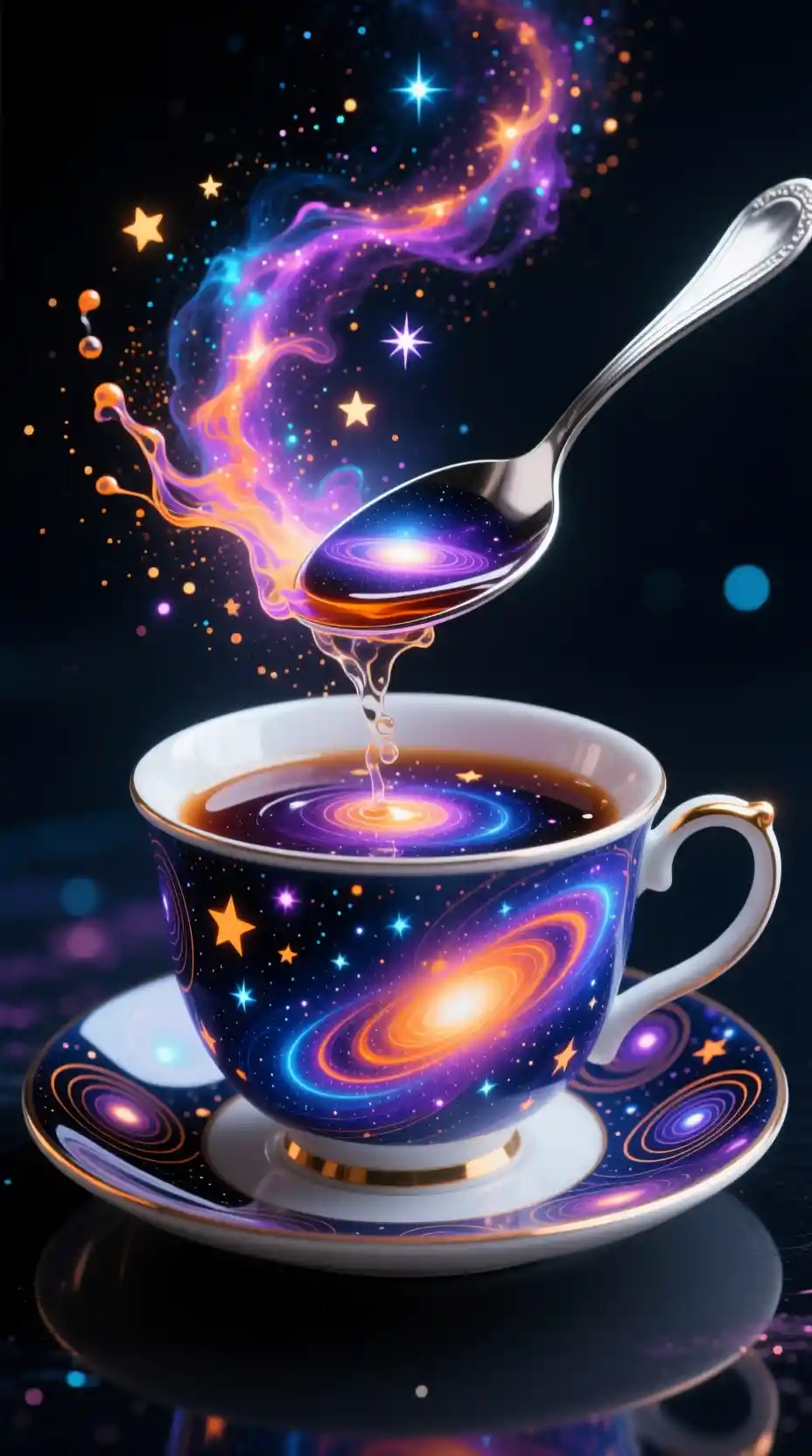 Tazzina cosmica surreale con un universo in miniatura in vortice