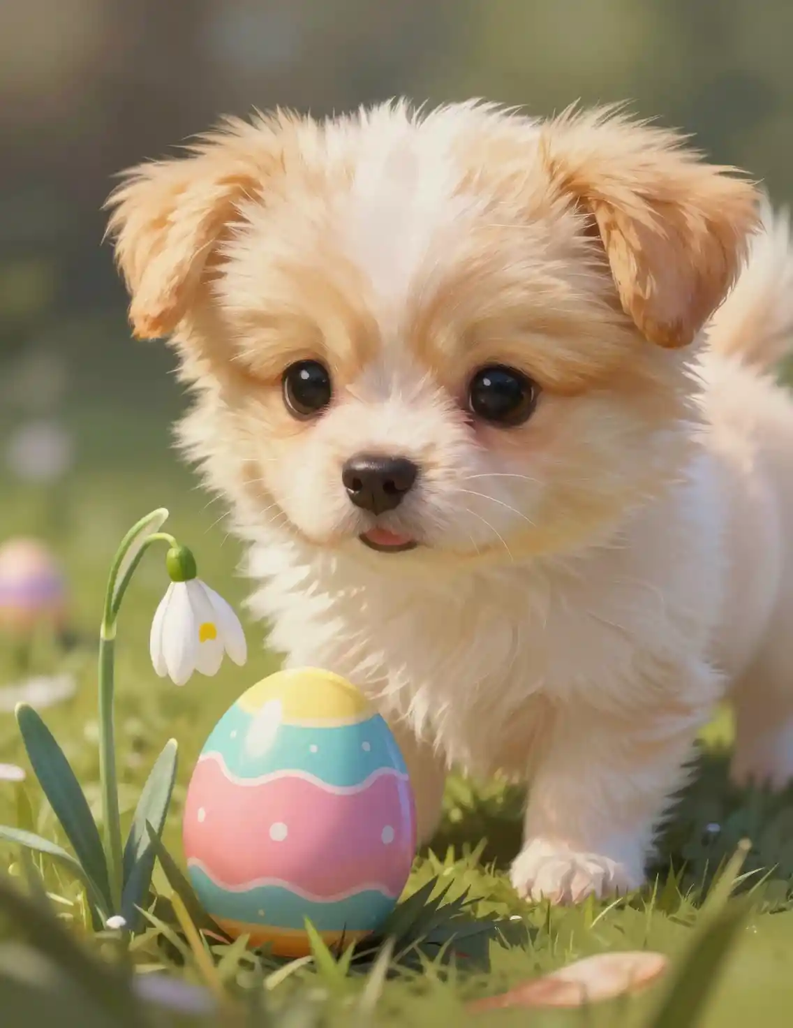 Cachorrito tierno sorprendido por un huevo de Pascua colorido bajo un galanto