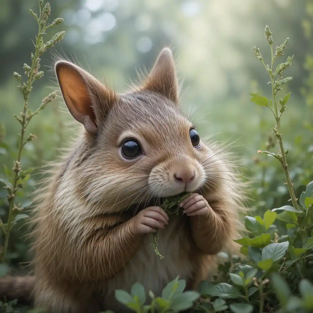 Small rabbit lowering its head in tall green grass