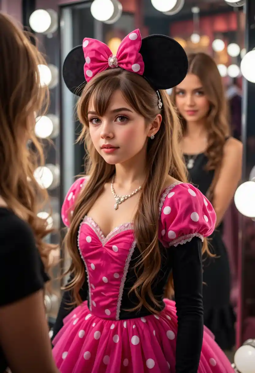 Niño con vestido rosa de Minnie recibiendo maquillaje en una boutique