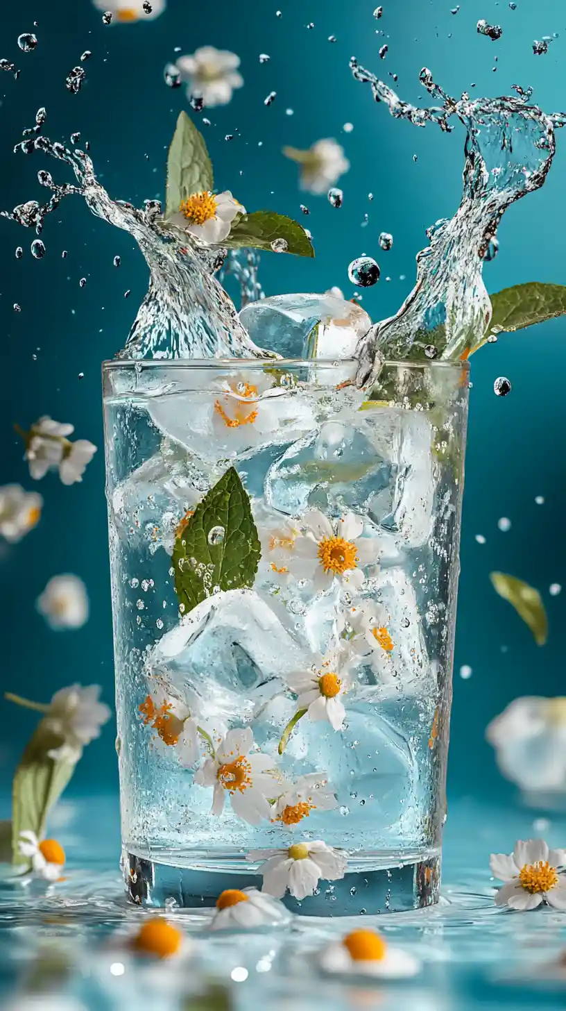 Glass of iced water with chamomile and mint