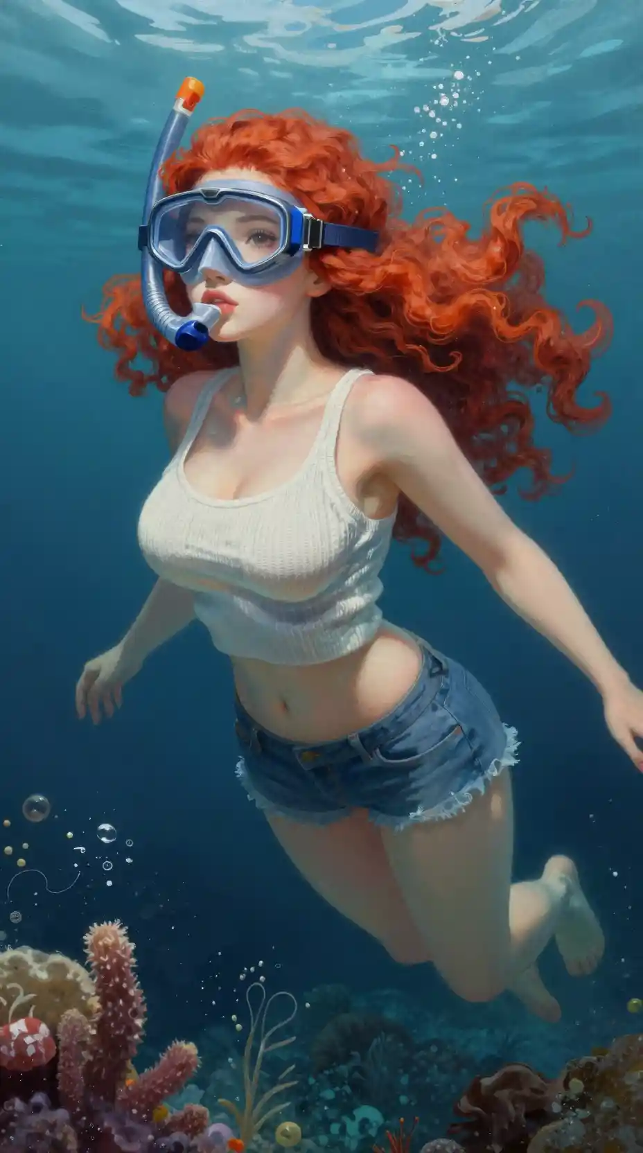Curvy red haired woman swimming along the deep ocean floor