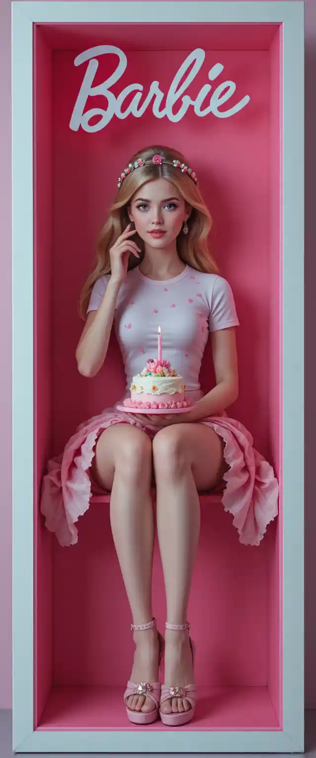 ピンクのおもちゃ箱とケーキの中のブロンド人形のような女性