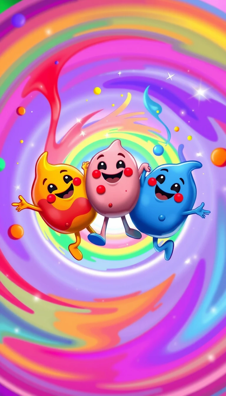 Colorful paint blob characters spinning in a joyful circle