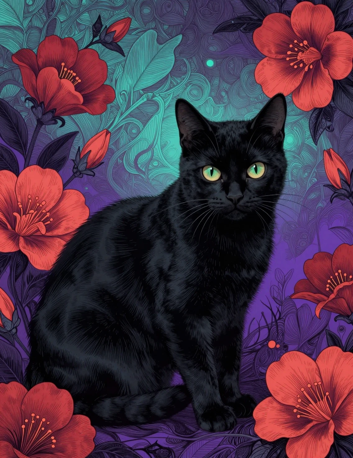 Gato negro entre flores rojas en estilo gótico luminoso