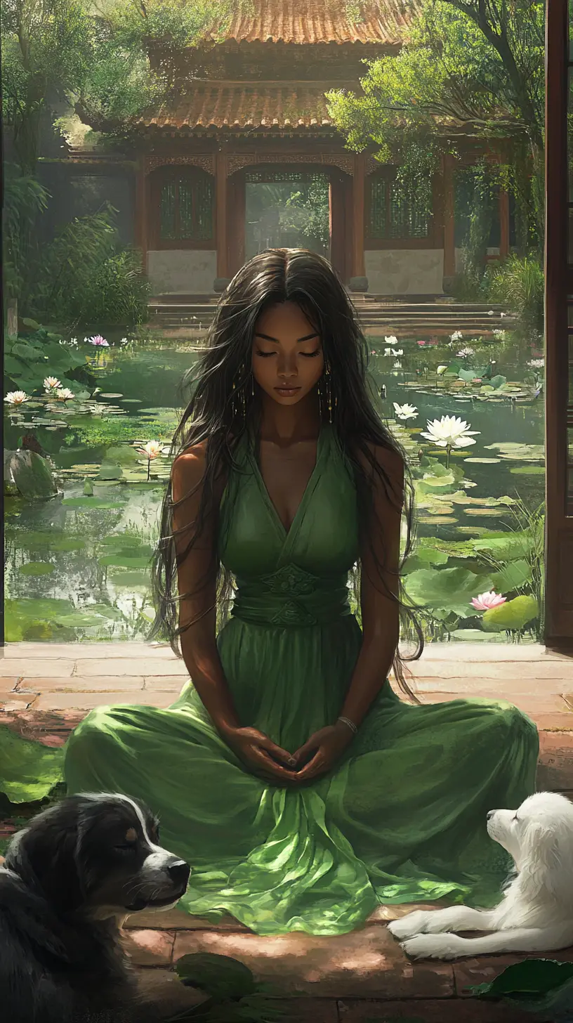 Meditating woman in green dress with dog in courtyard