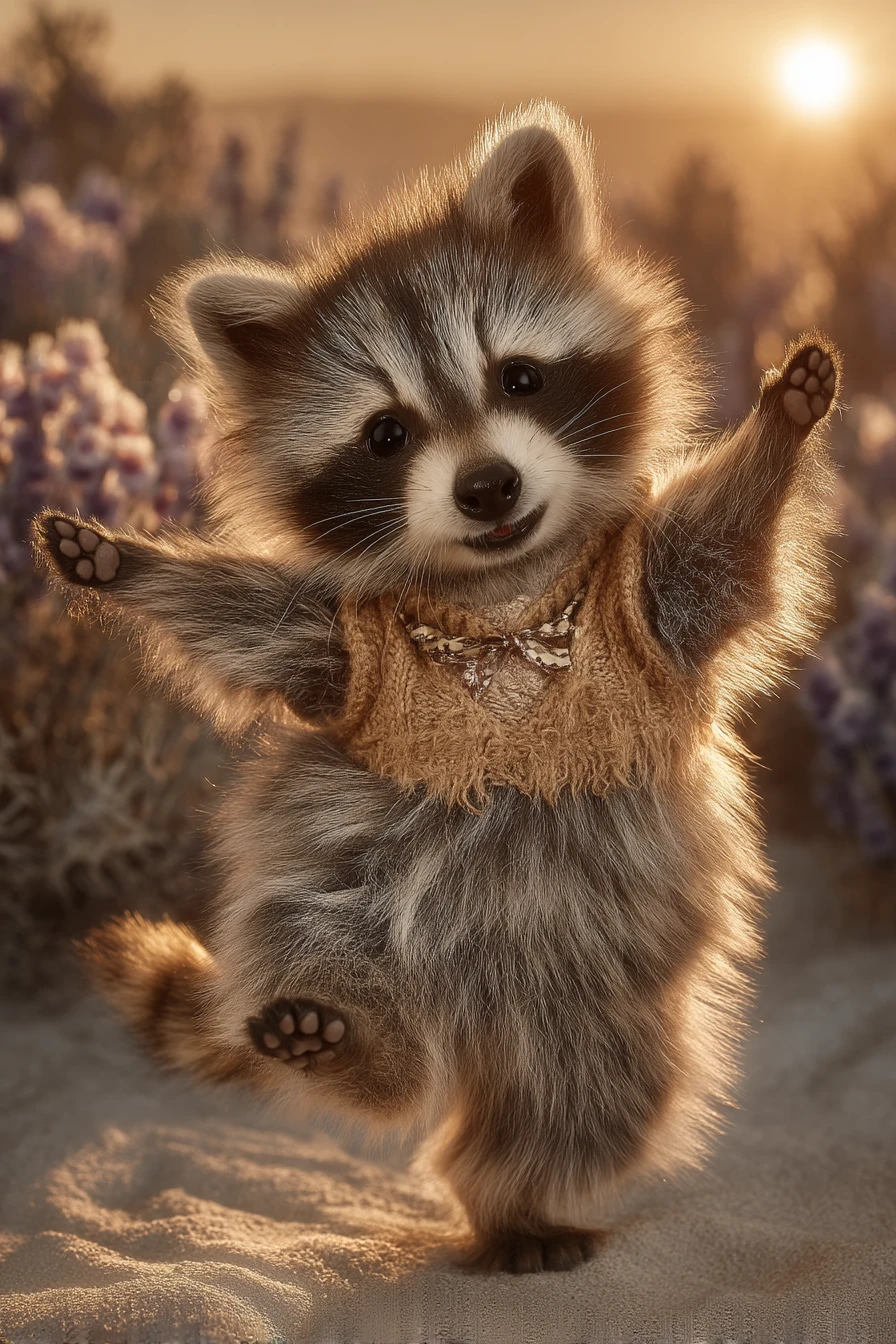 Mapache tierno y esponjoso bailando en un soleado bosque primaveral