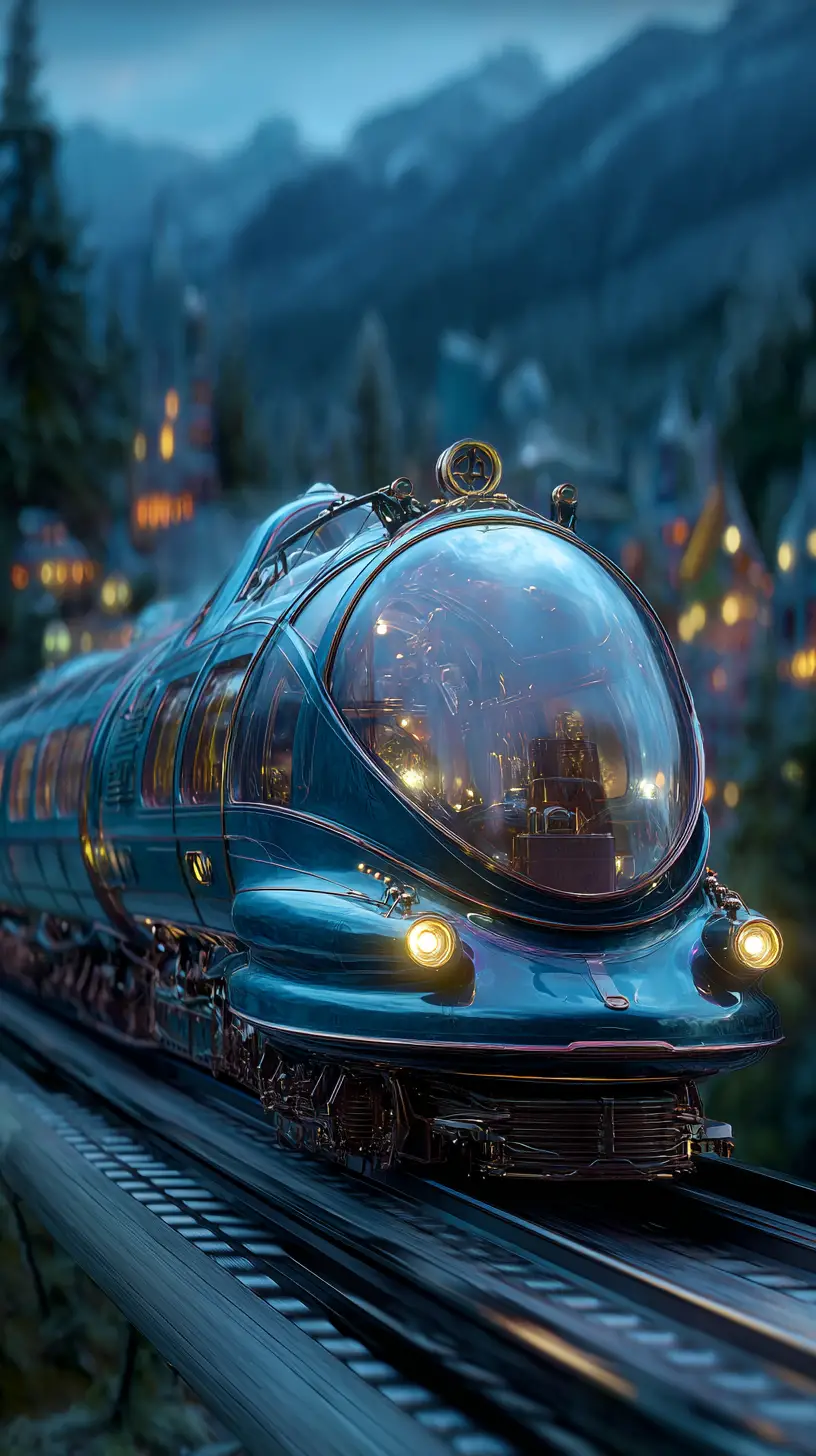 Fantasy glass train racing through a nocturnal landscape