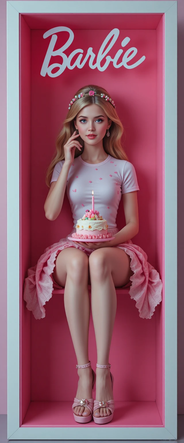 Mulher loira como boneca em caixa de brinquedo rosa com bolo