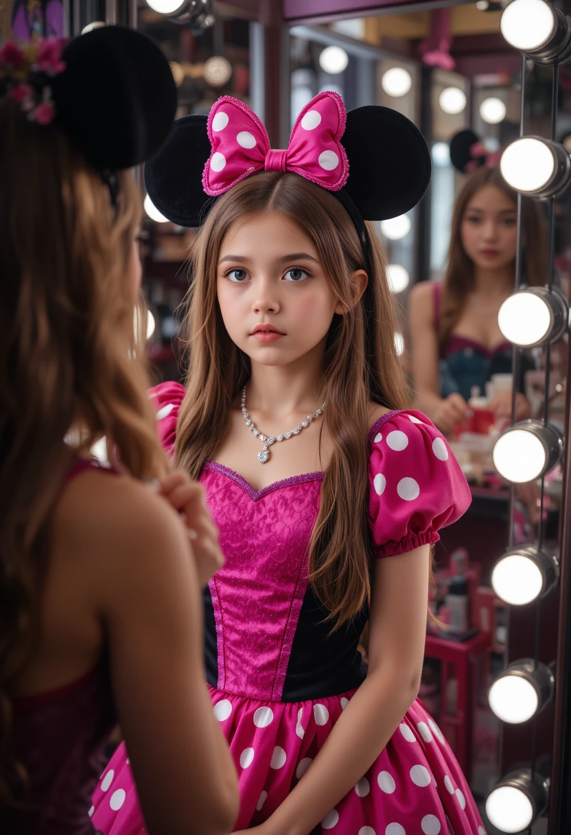 Niño aprensivo con vestido rosa de Minnie frente al espejo de maquillaje