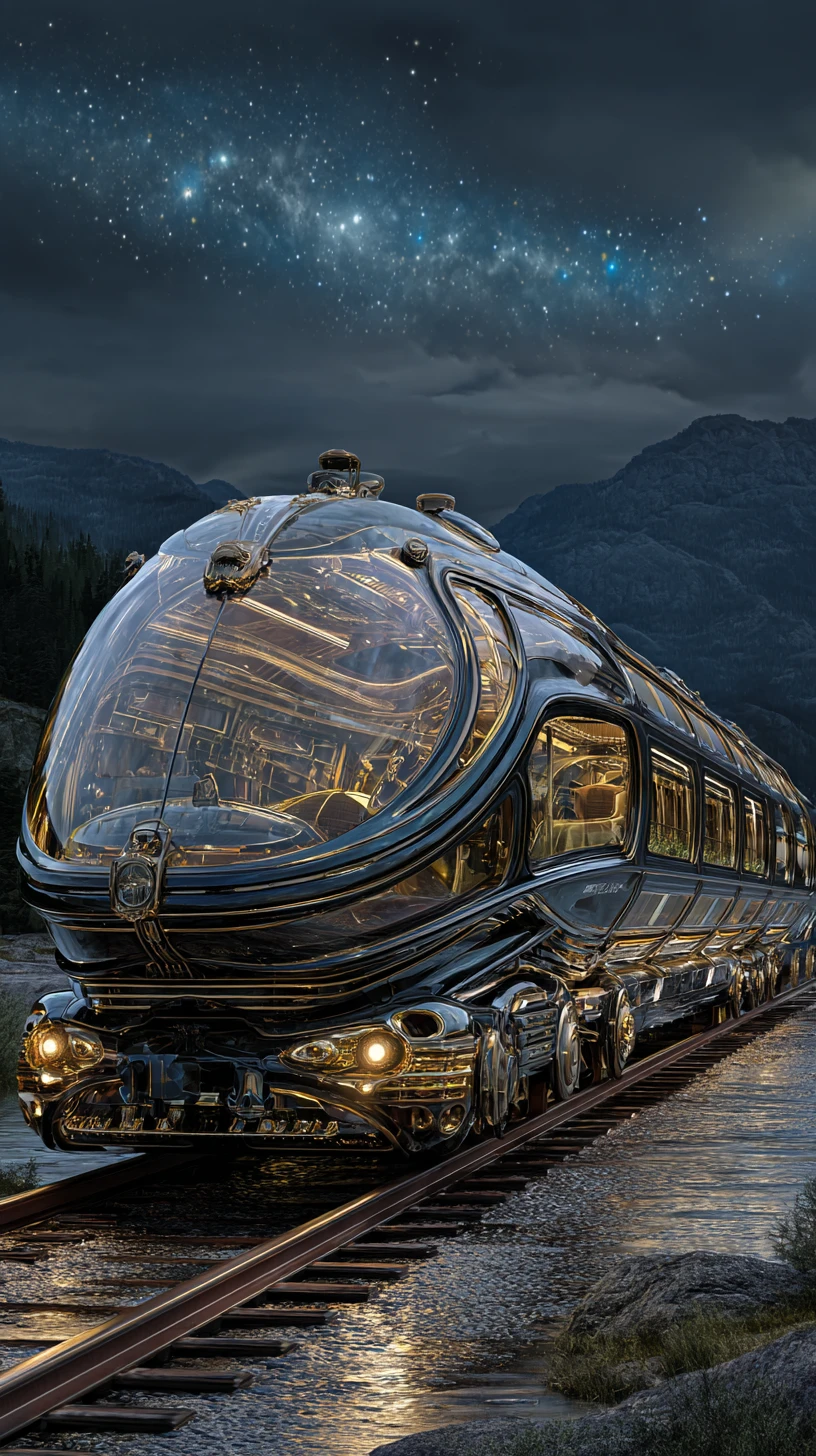 暗い夜の景色を駆け抜けるファンタジーガラス列車