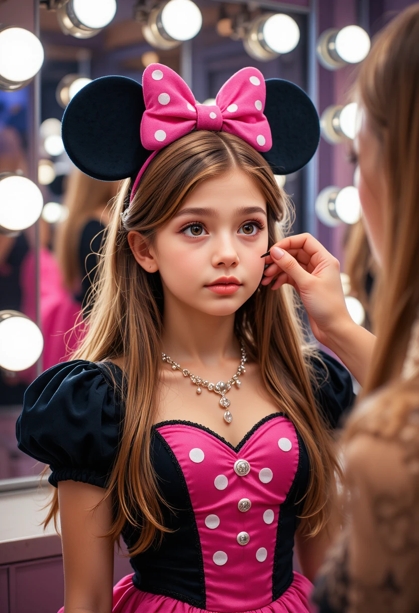 Niño con vestido rosa de Minnie recibiendo maquillaje en una boutique