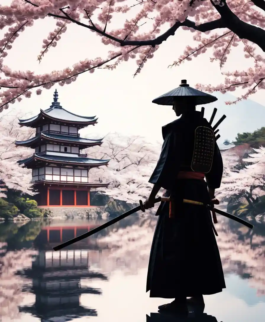 Silhouetted geisha and samurai with cherry blossom trees