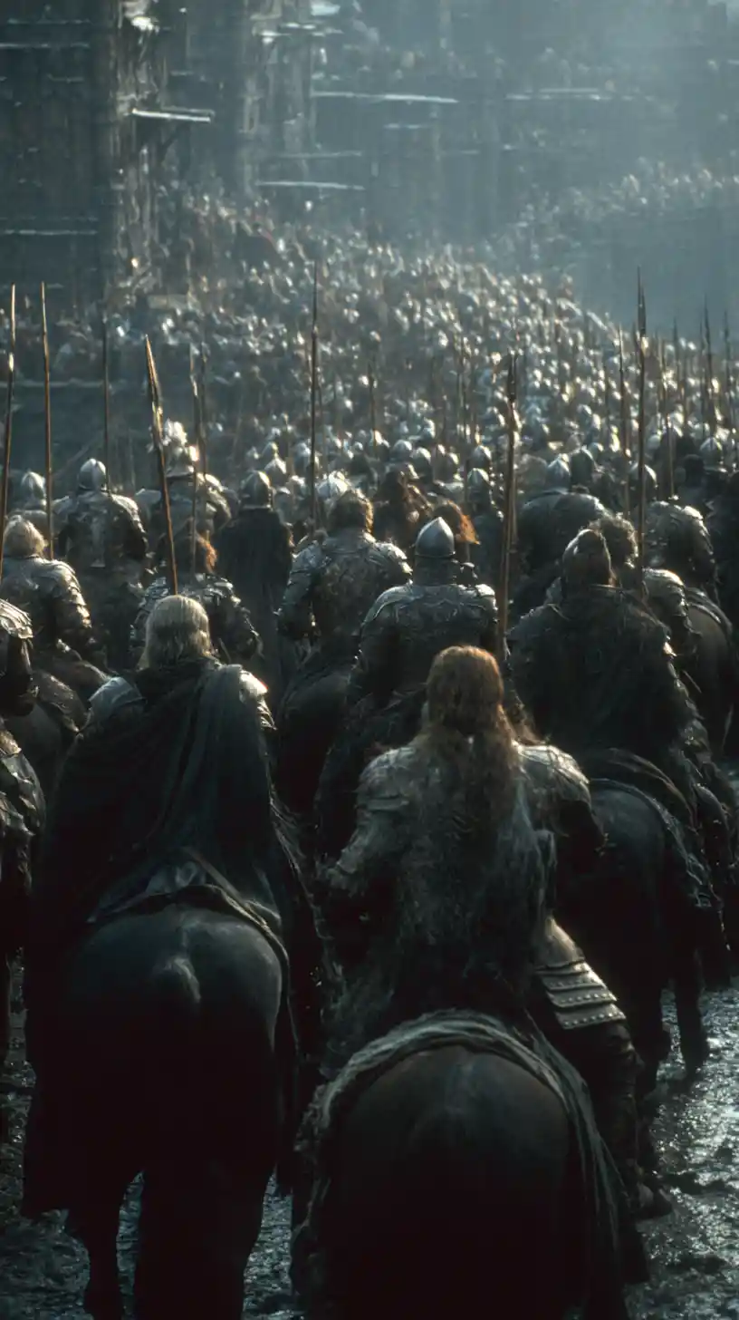 Orc horde advances on distant medieval stone fortress