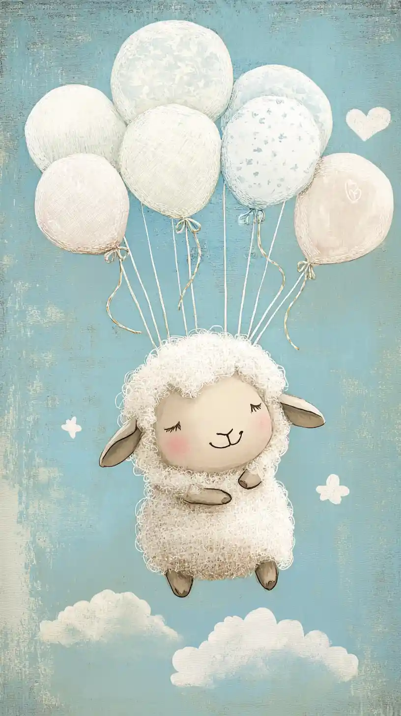 Pecora in collage tessile che fluttua con palloncini su carta blu