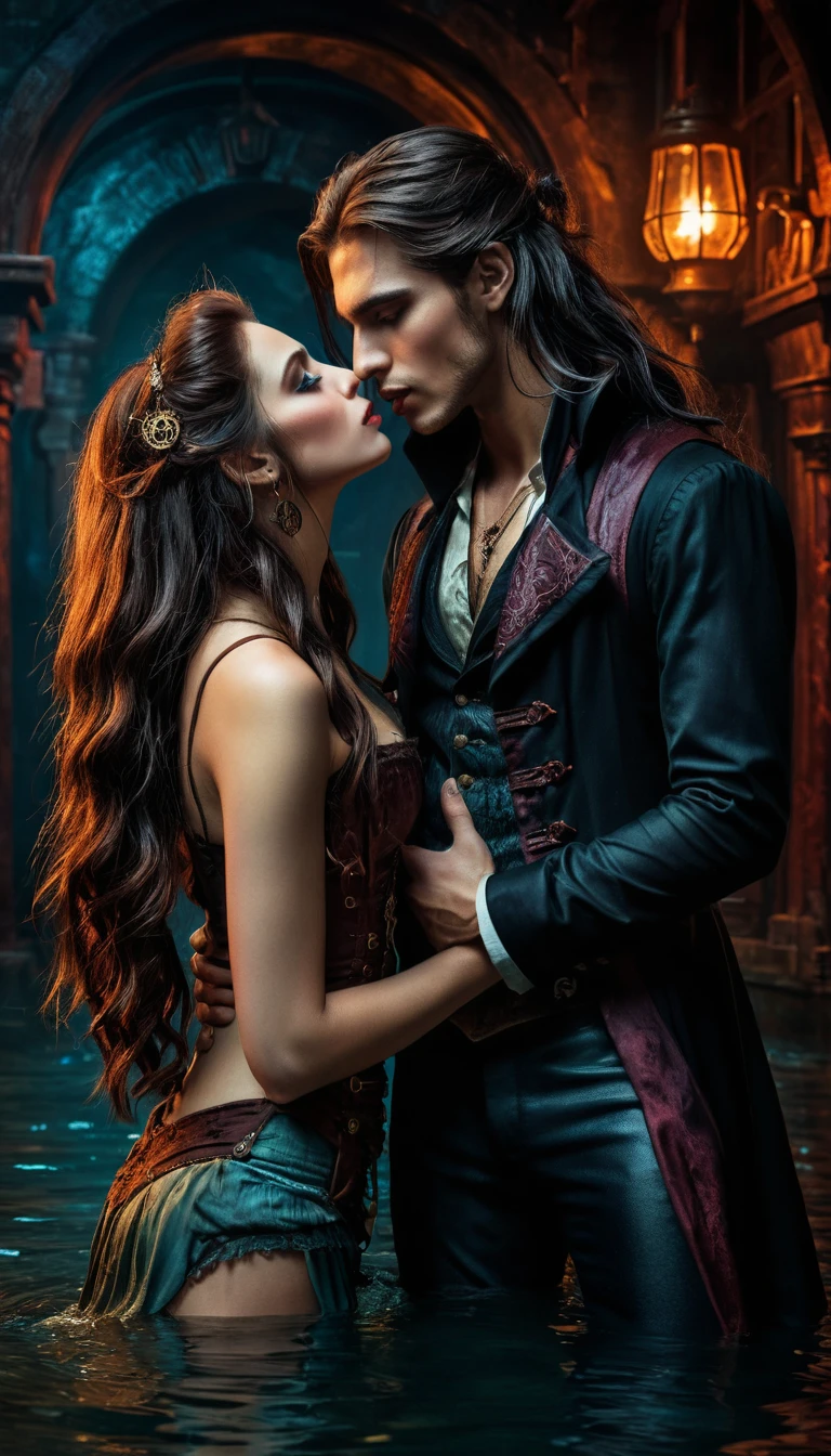 Romantic vampire and mermaid kiss in dark steampunk waters