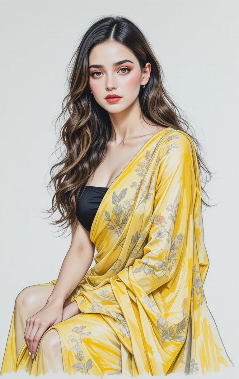 黄色いサリーをまとった自信あふれる女性のミクストメディア肖像画
