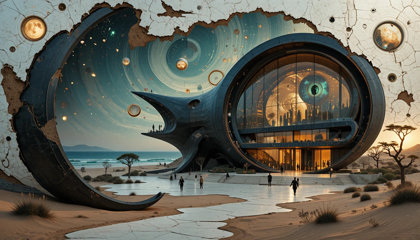 Surreal tech infused abstract scene with giant leaves and circuits