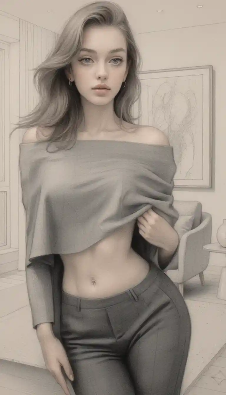 Full body woman in modern living room graphite drawing
