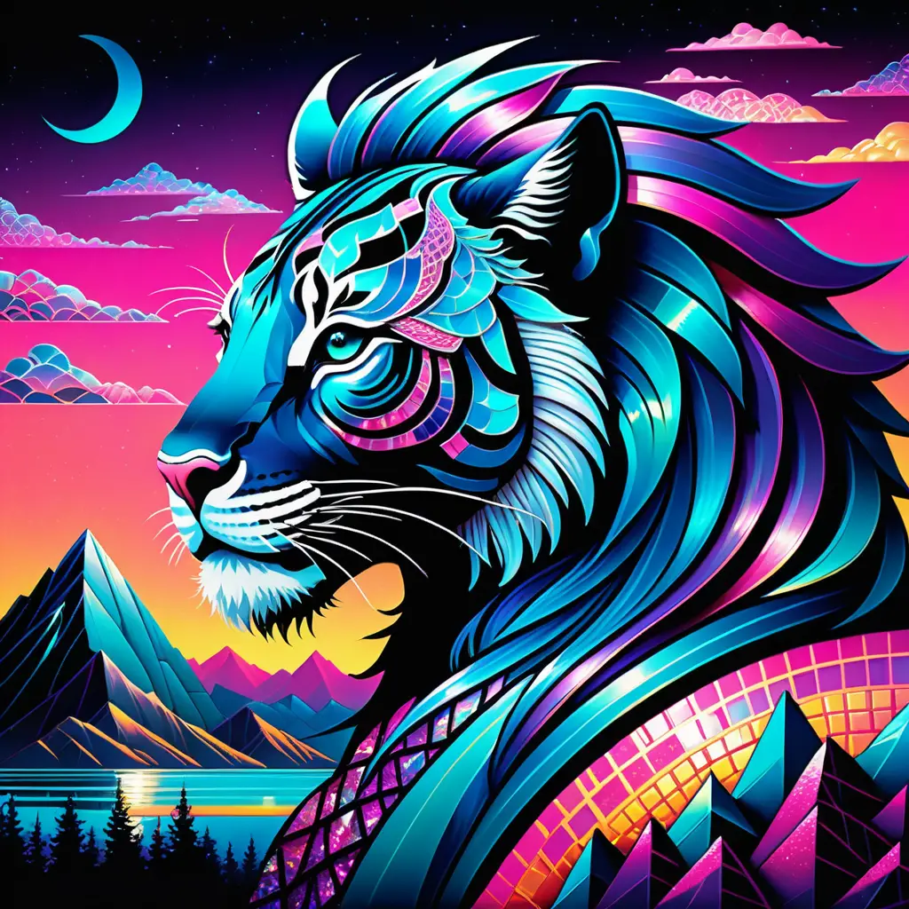 Creatura mitica che brilla in un paesaggio fantasy neon color bubblegum